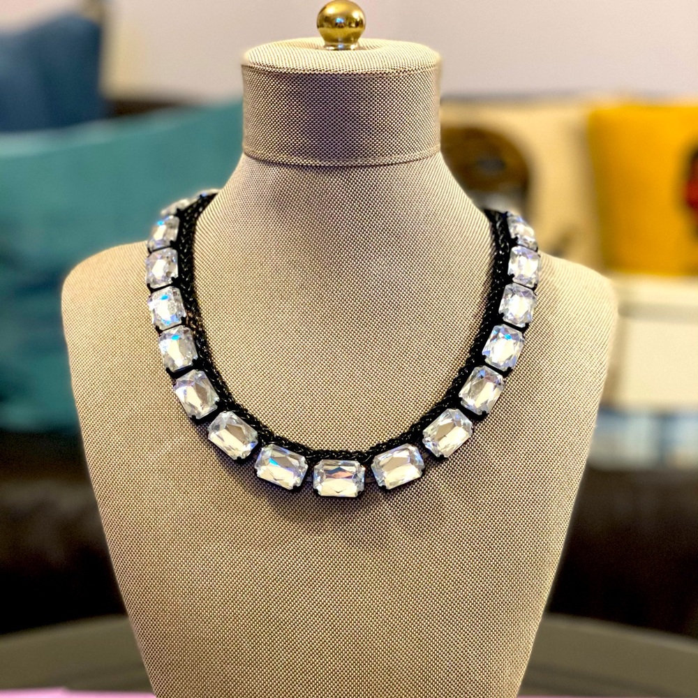 Clear stone and black metal link necklace